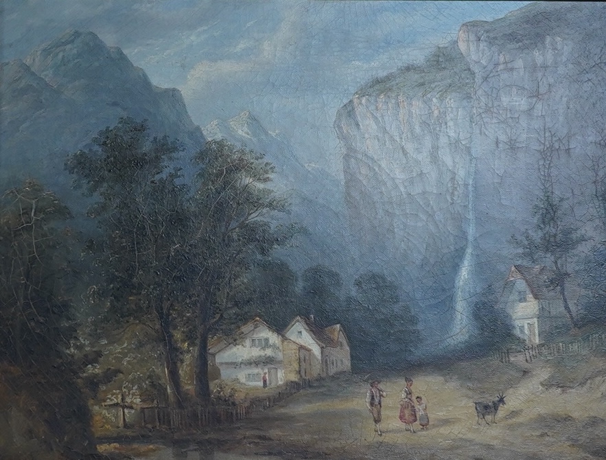 19th century Swiss school, oil on canvas, study of Staubbach Falls, near Lauterbrunnen, gilt frame, 32x42cm. Condition - fair to good